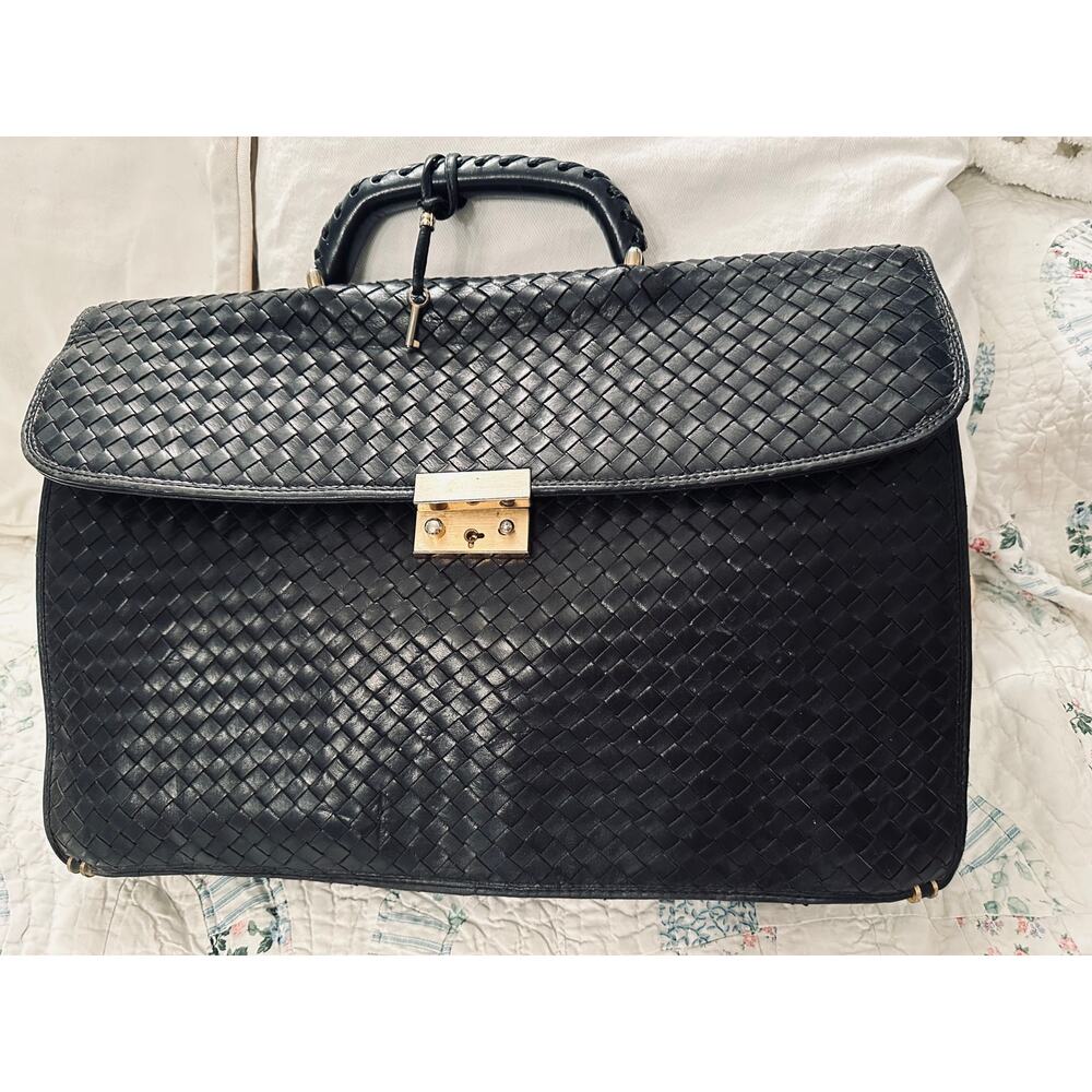 VTG 80s WOVEN INTRECCIATO GLOVE LEATHER BAG BRIEFCASE LAPTOP PORTFOLIO W/ KEY